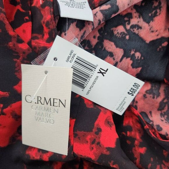 Carmen Marc Valvo Red and Black Print Blouse with Bell Sleeves NWT Size XL - Picture 7 of 9